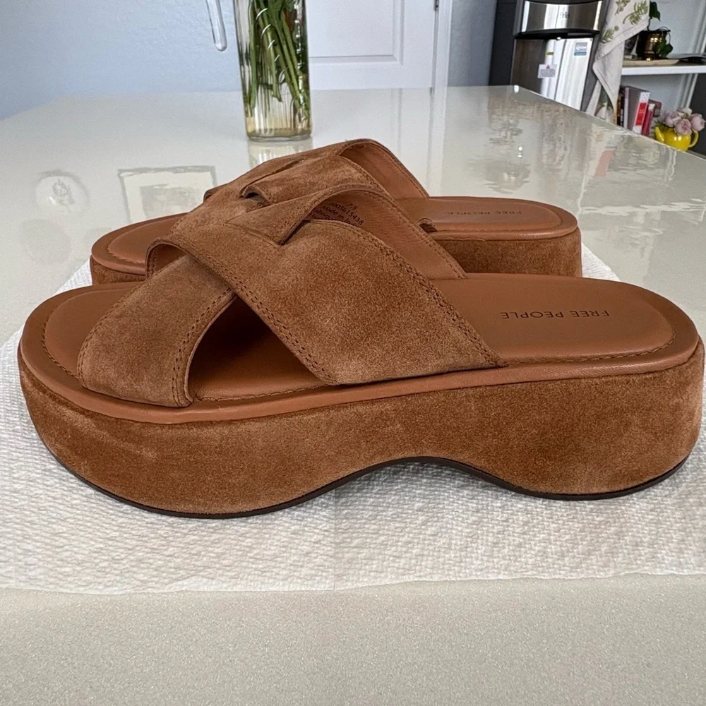 Free People Asbury Camel Brown Criss Cross Suede Platform Slide Sandals